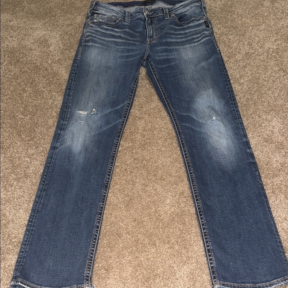 Silver Jeans Men's Straight Blue Denim Distressed. B10